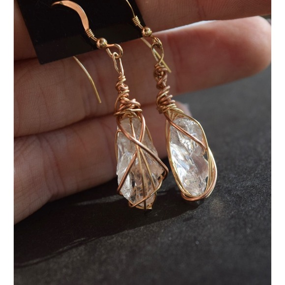 Large Dangle Earrings, Large Raw Diamonds, Gold Wire Wrapped Earrings, R… - Picture 3 of 5